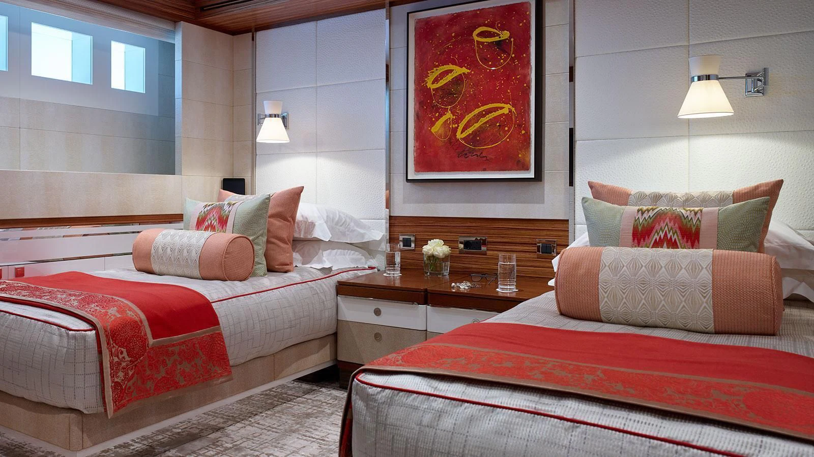 a couple of beds in a hotel room aboard PHILOSOPHY Yacht for Sale