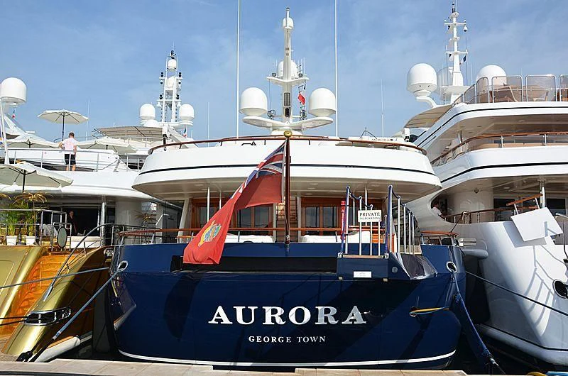 a boat docked at a pier aboard AURORA Yacht for Sale
