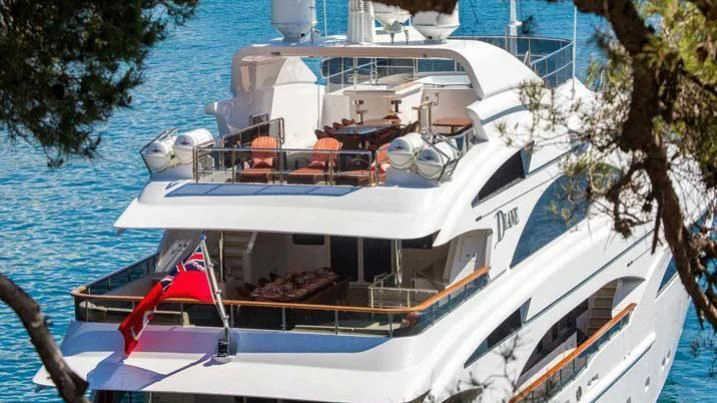 a boat with a deck and chairs on the deck aboard DIANE Yacht for Charter