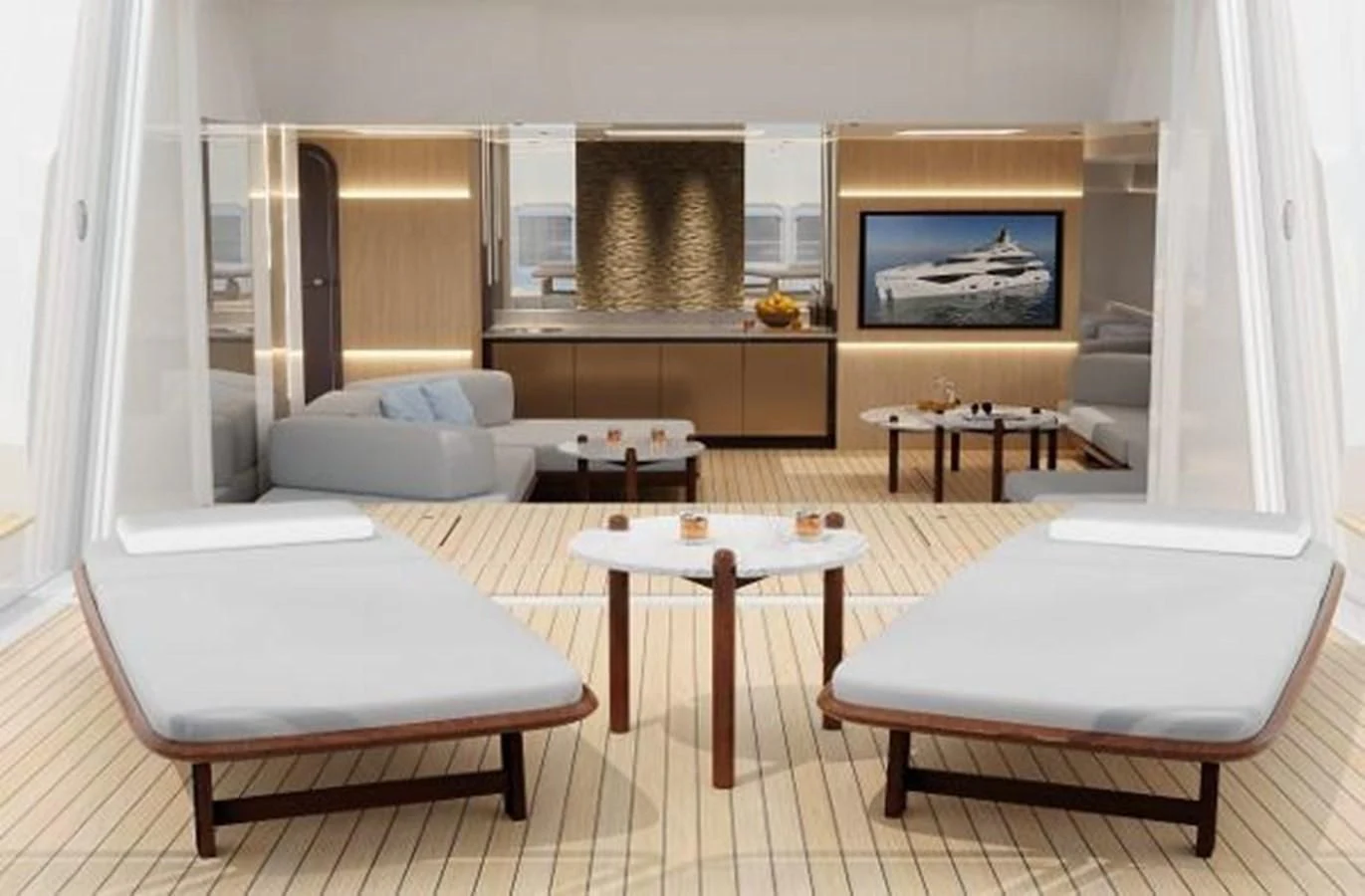 a living room with a table and couches aboard 42 METER OCEAN Yacht for Sale
