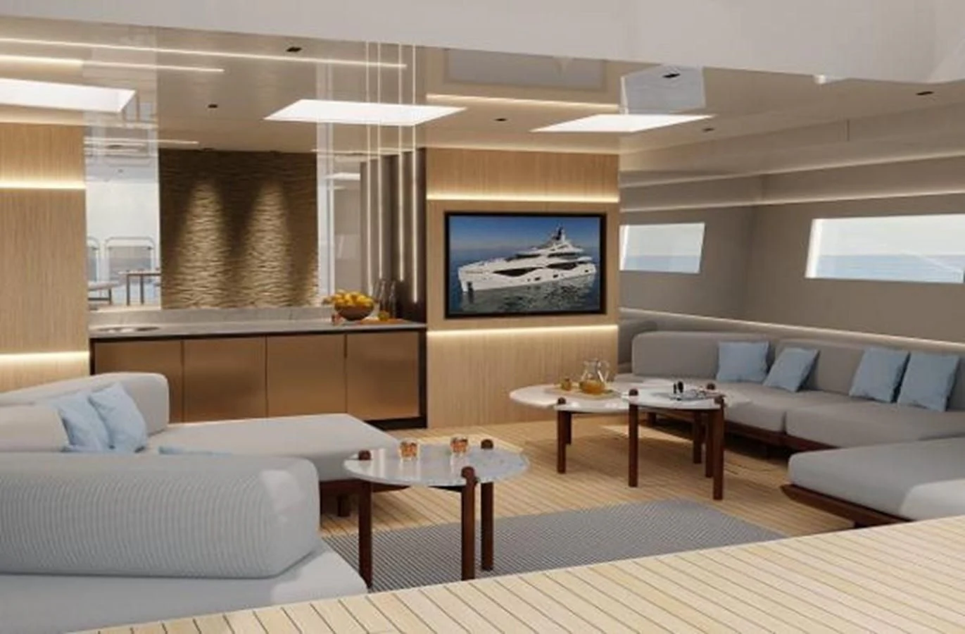 a living room with white couches and a tv aboard 42 METER OCEAN Yacht for Sale