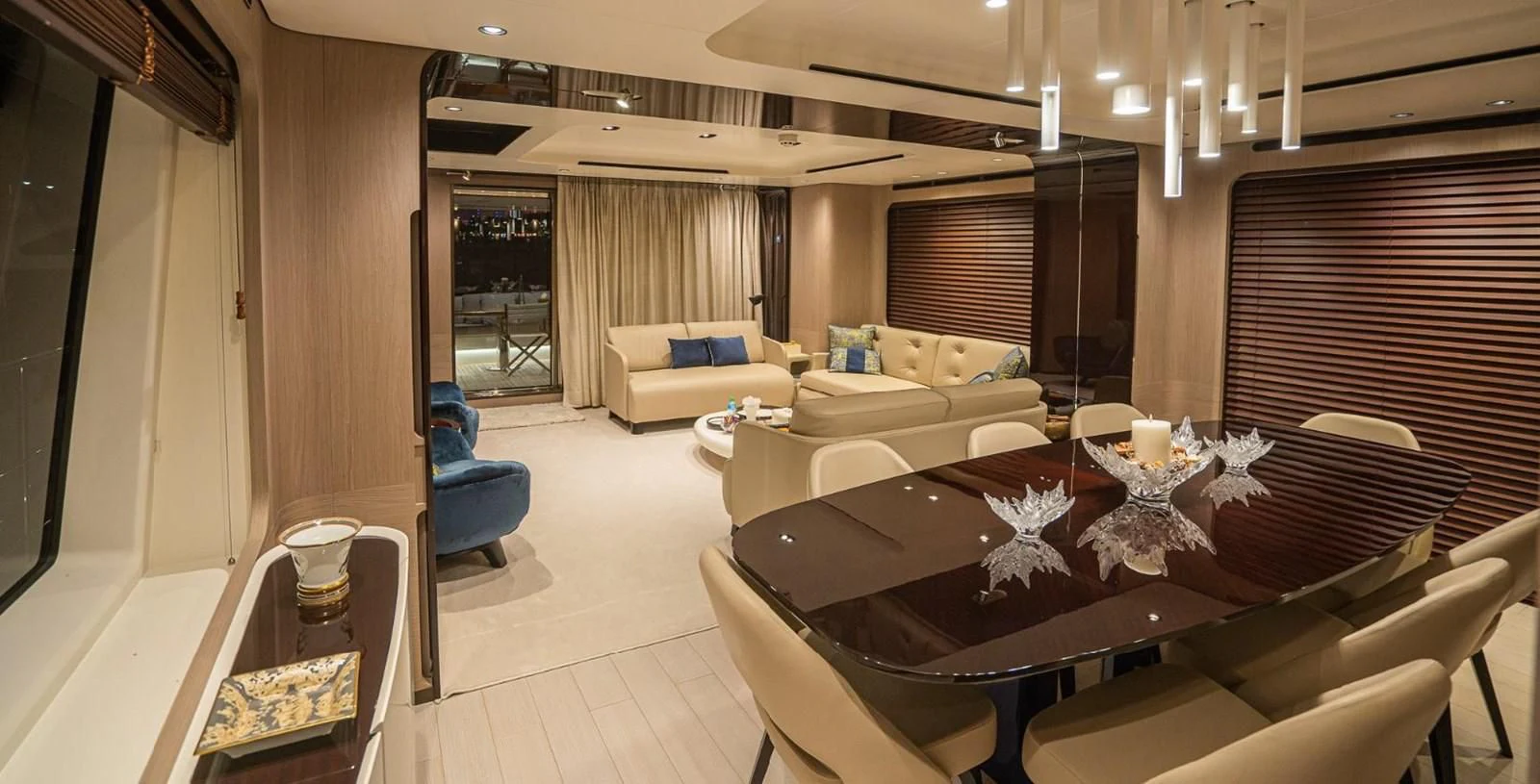 a living room with a large window aboard LULWA Yacht for Sale
