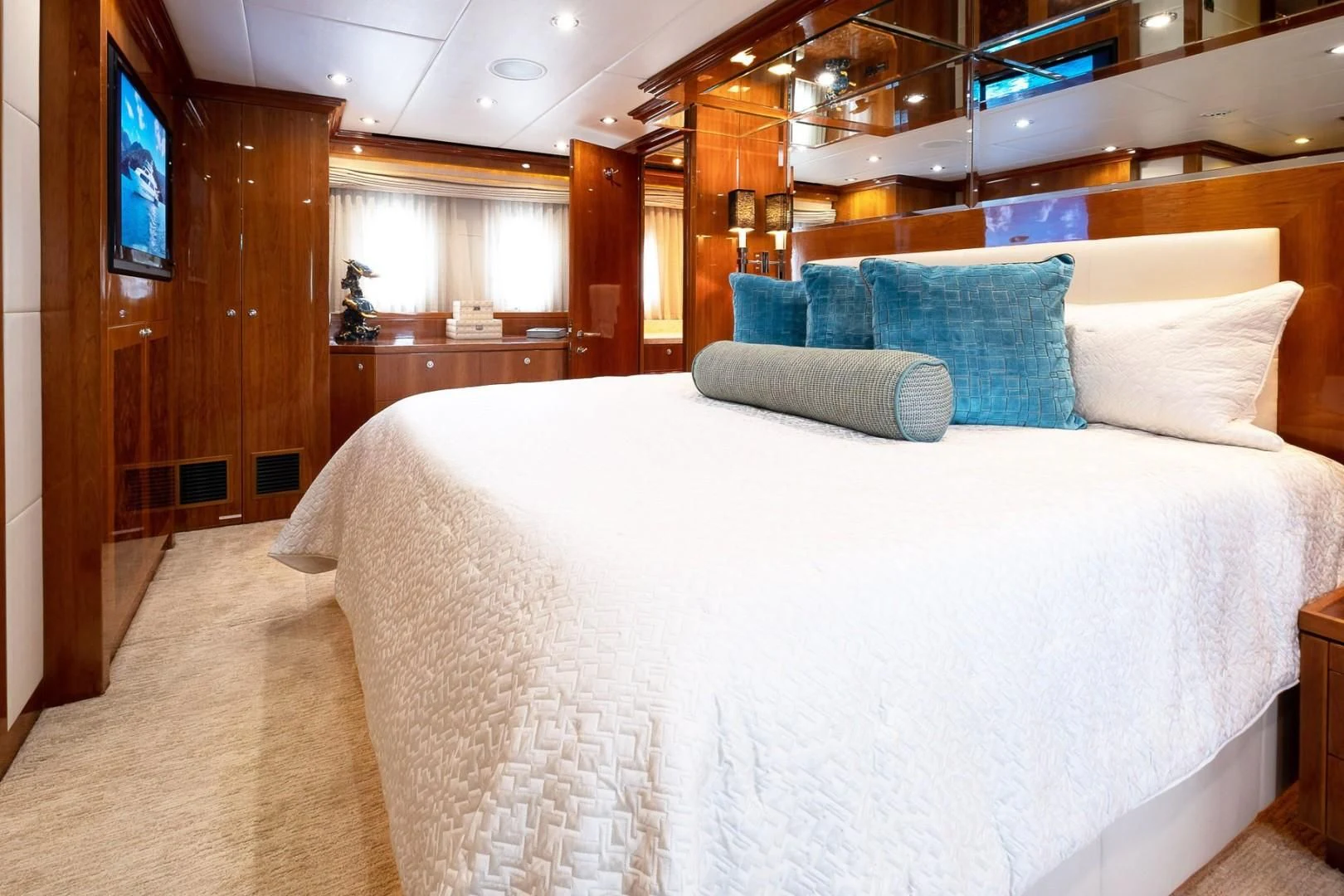 a bed in a room aboard CYNDERELLA Yacht for Sale