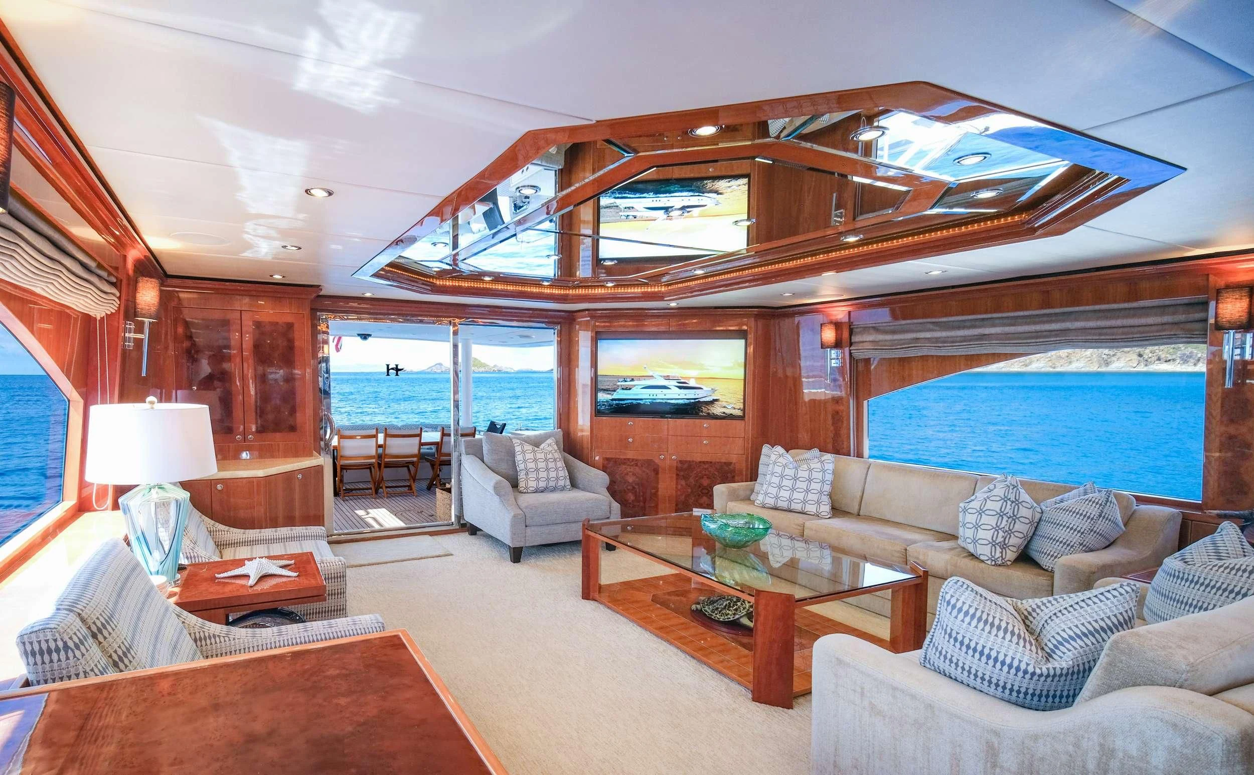 a living room with a large window aboard CYNDERELLA Yacht for Sale