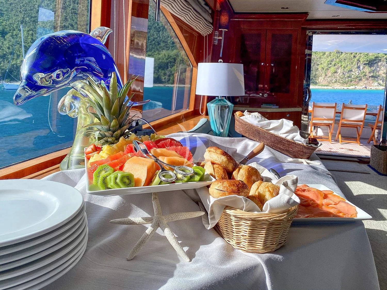 a table with food on it aboard CYNDERELLA Yacht for Sale