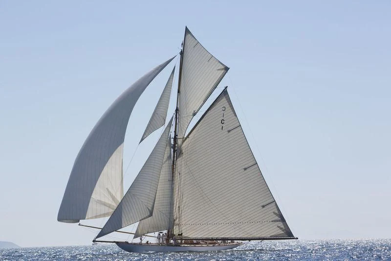 a large building with a pointed roof aboard MARIQUITA Yacht for Sale
