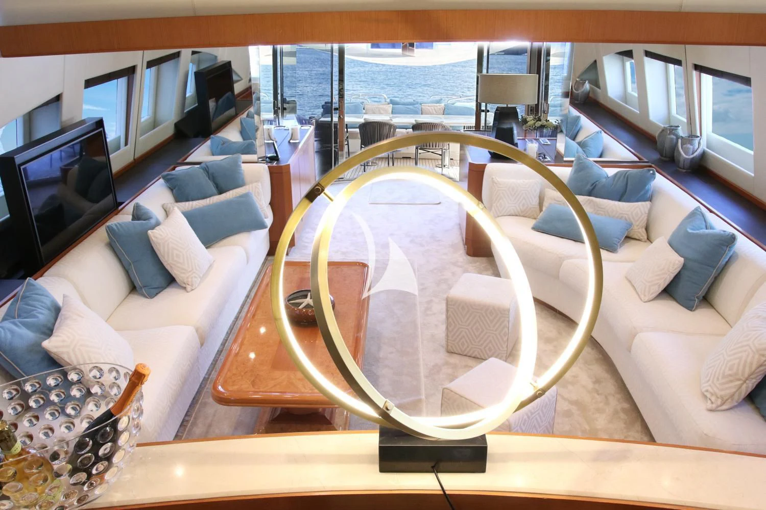 a large round object on a wooden surface aboard RAMSES II Yacht for Sale