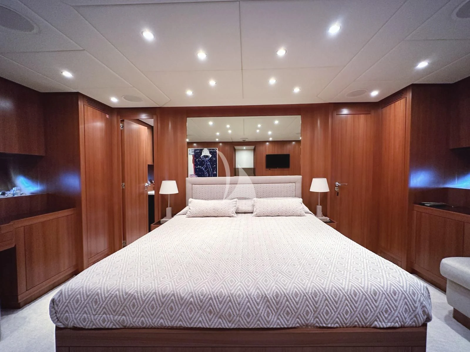 a large bed in a room aboard RAMSES II Yacht for Sale