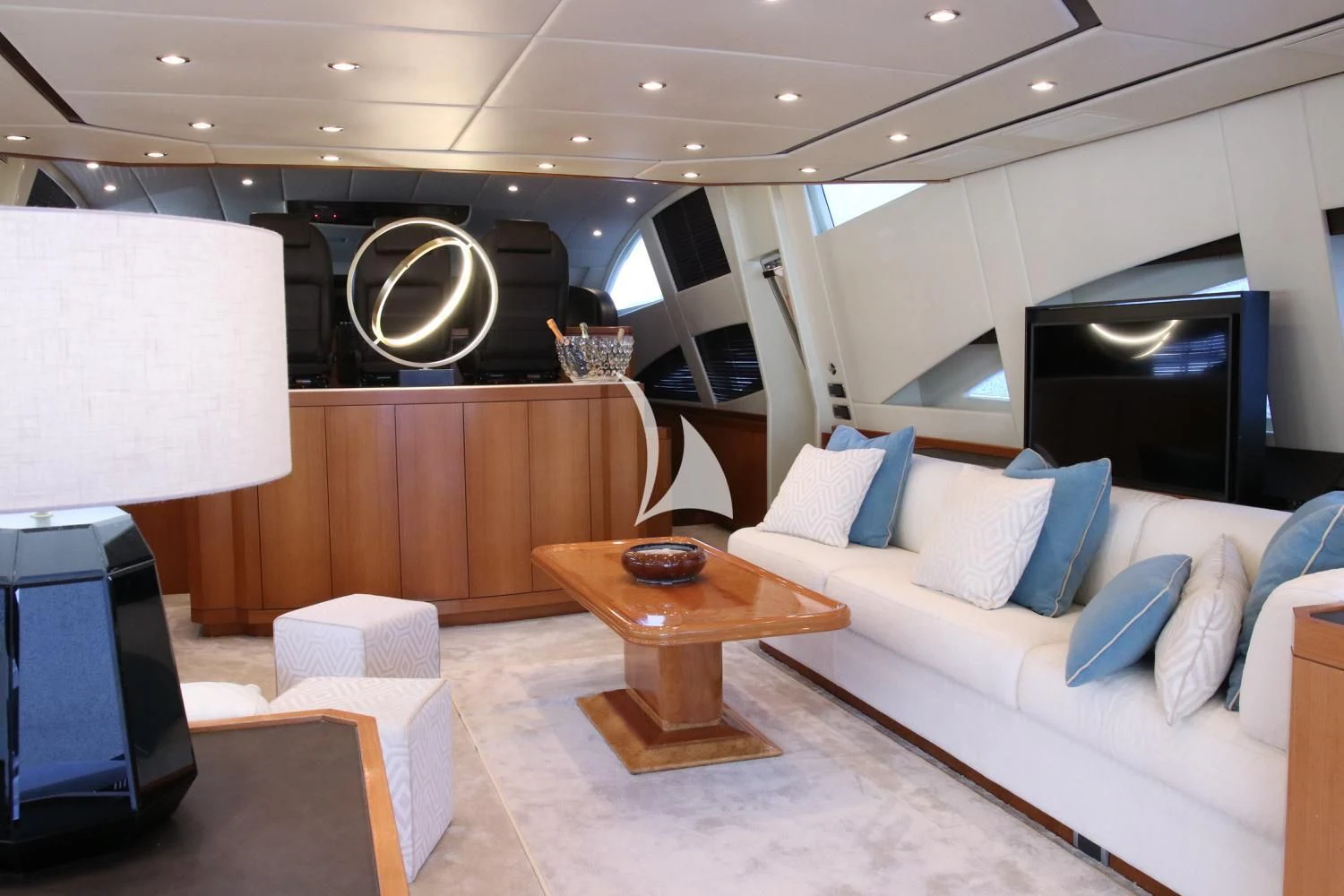 a living room with a couch and a television aboard RAMSES II Yacht for Sale