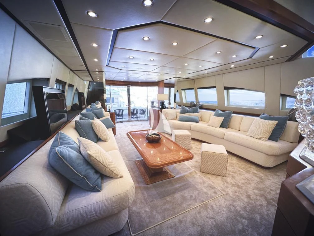 a living room with a large window aboard RAMSES II Yacht for Sale