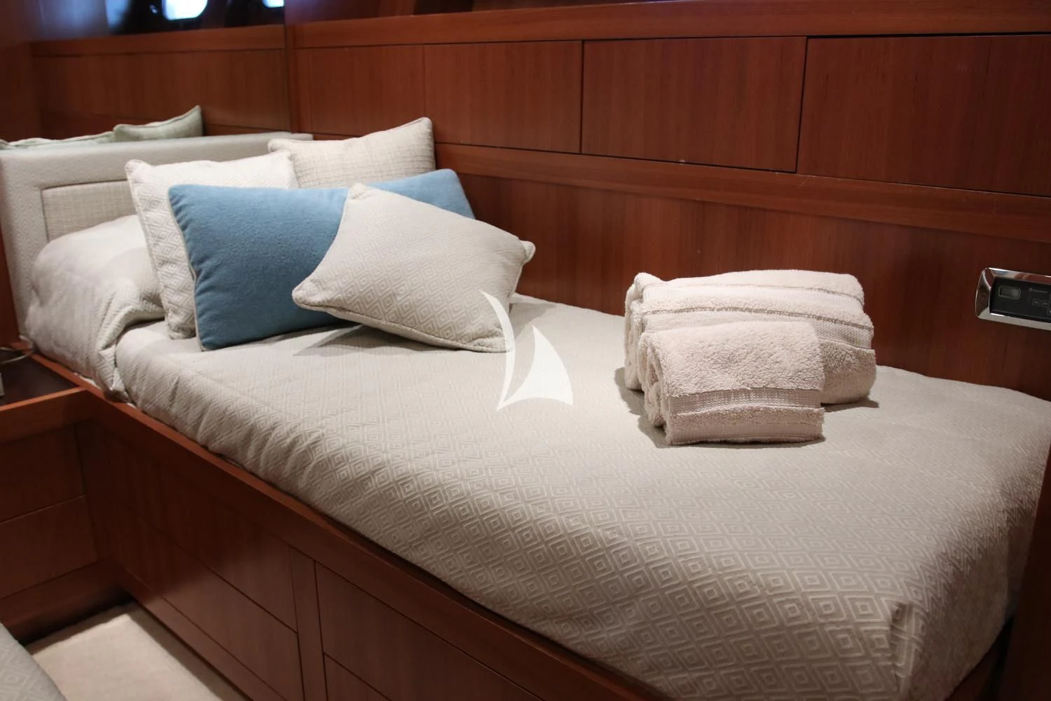 a bed with pillows aboard RAMSES II Yacht for Sale