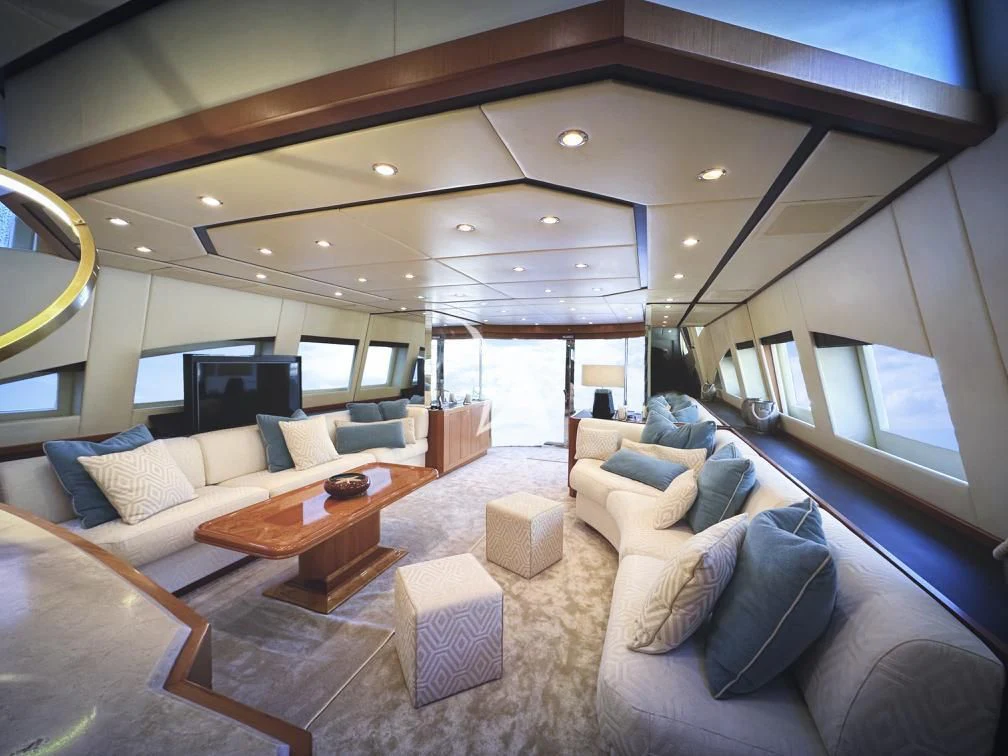 a living room with a large glass window aboard RAMSES II Yacht for Sale