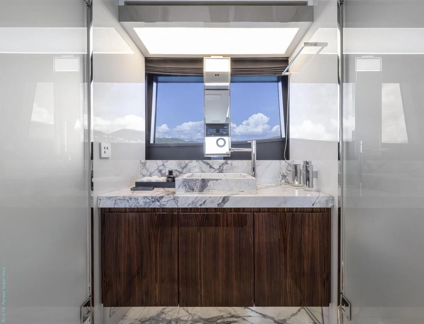 a bathroom with a large window aboard RECREATIONAL USE Yacht for Sale