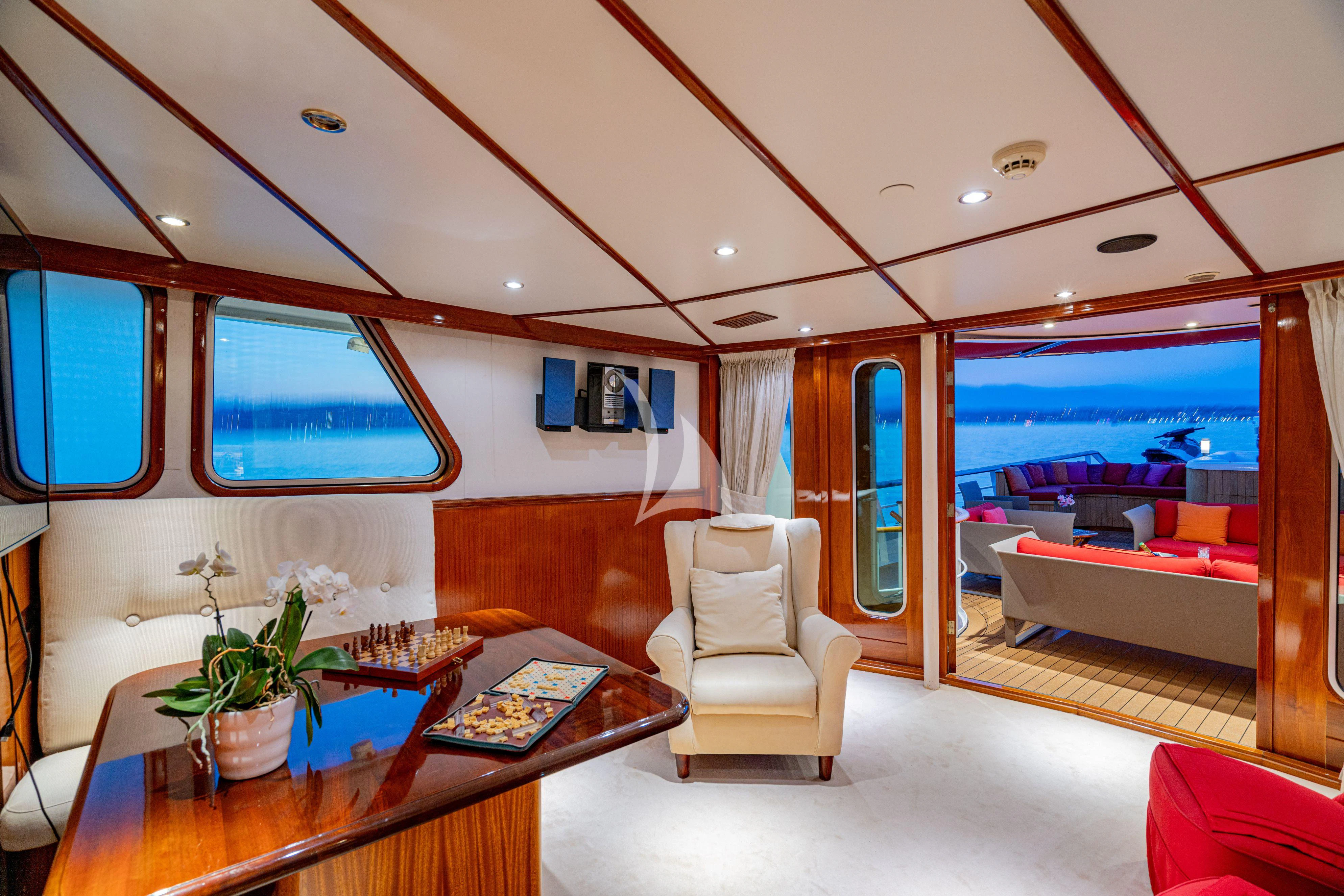 a room with a table and chairs aboard SEA LION Yacht for Sale