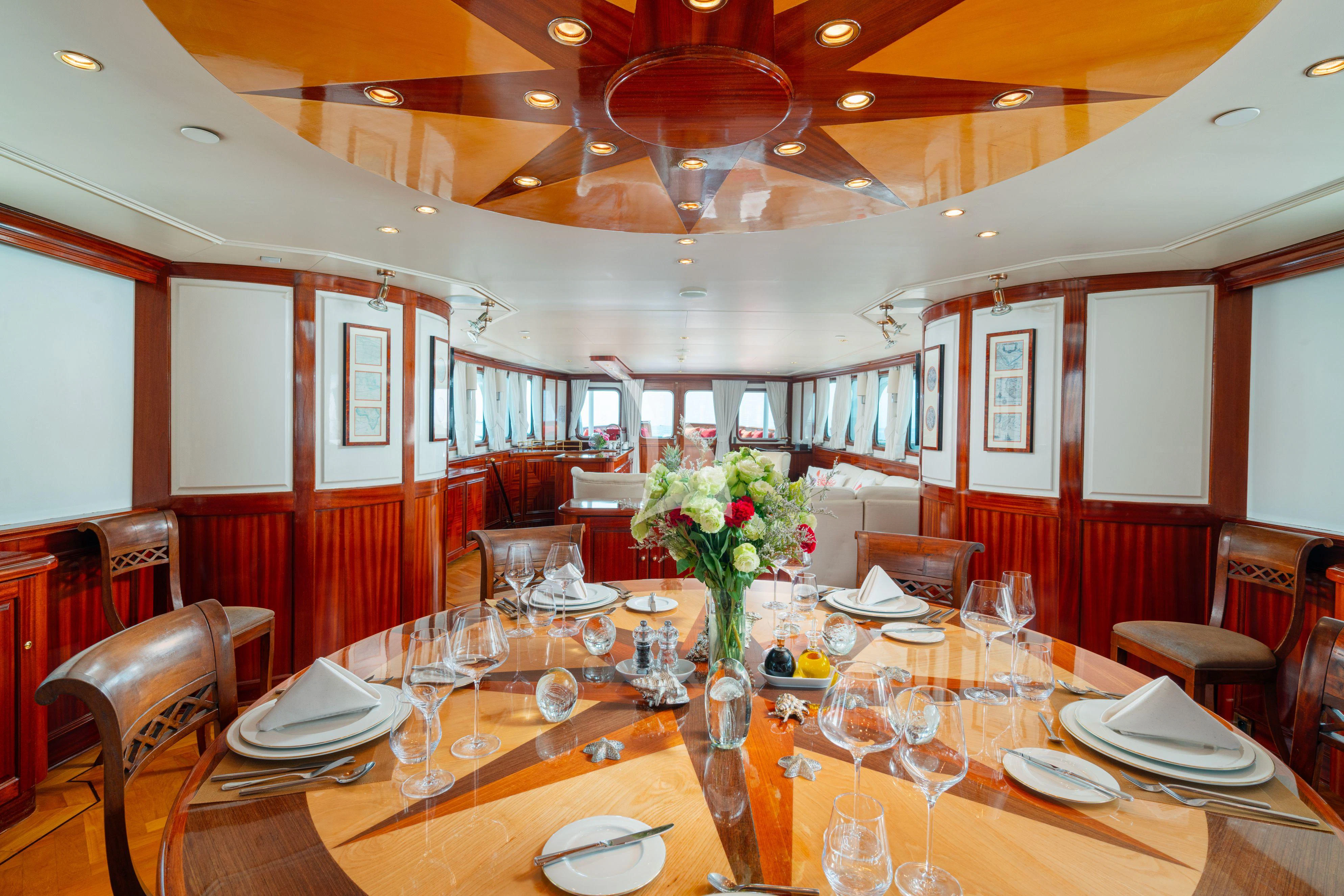 a dining room with tables and chairs aboard SEA LION Yacht for Sale