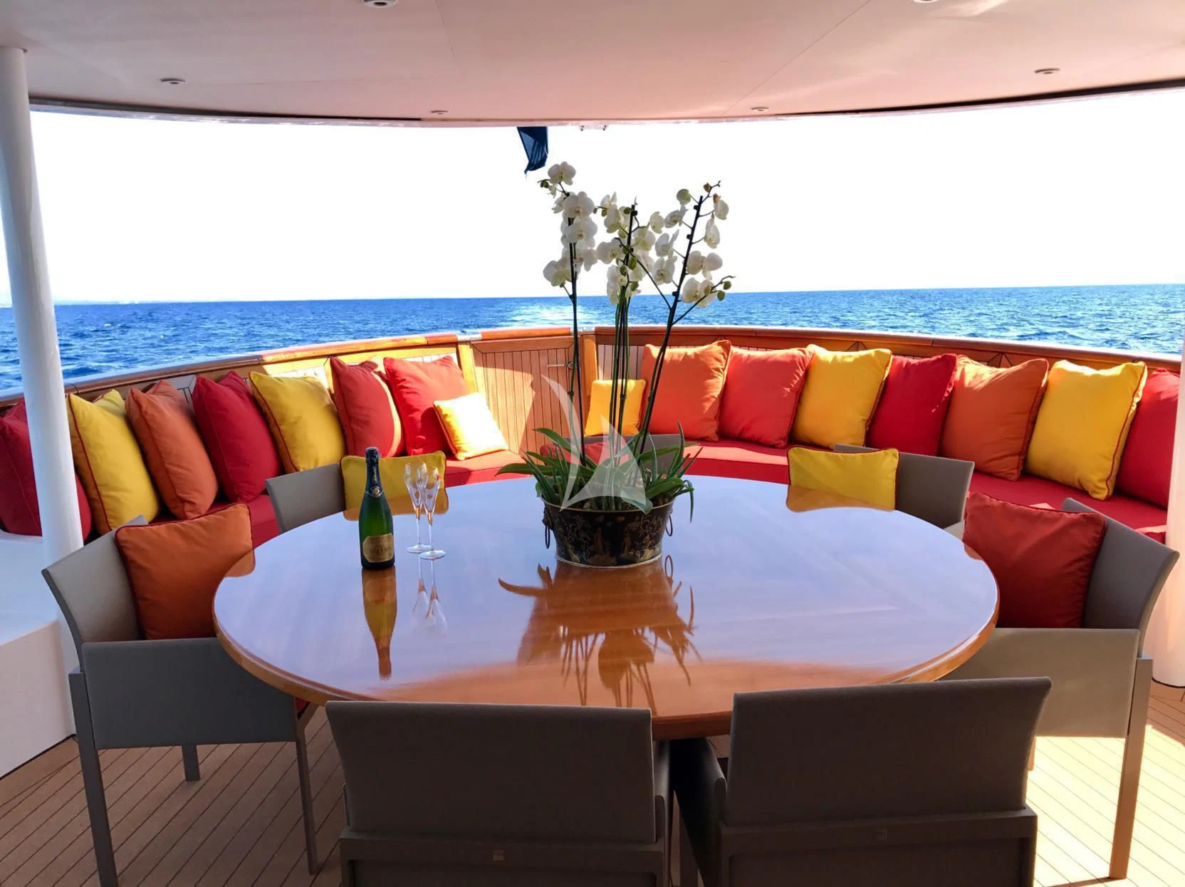 a table with a plant on it aboard SEA LION Yacht for Sale