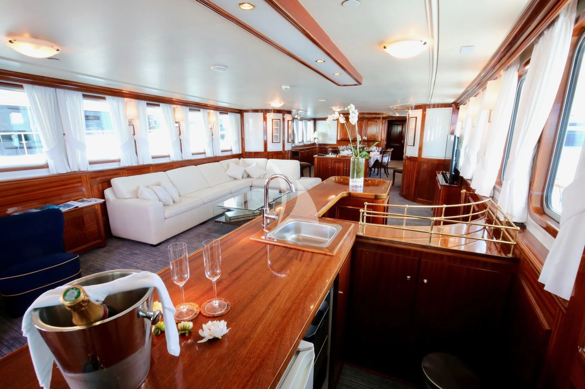 a kitchen with a large island aboard SEA LION Yacht for Sale