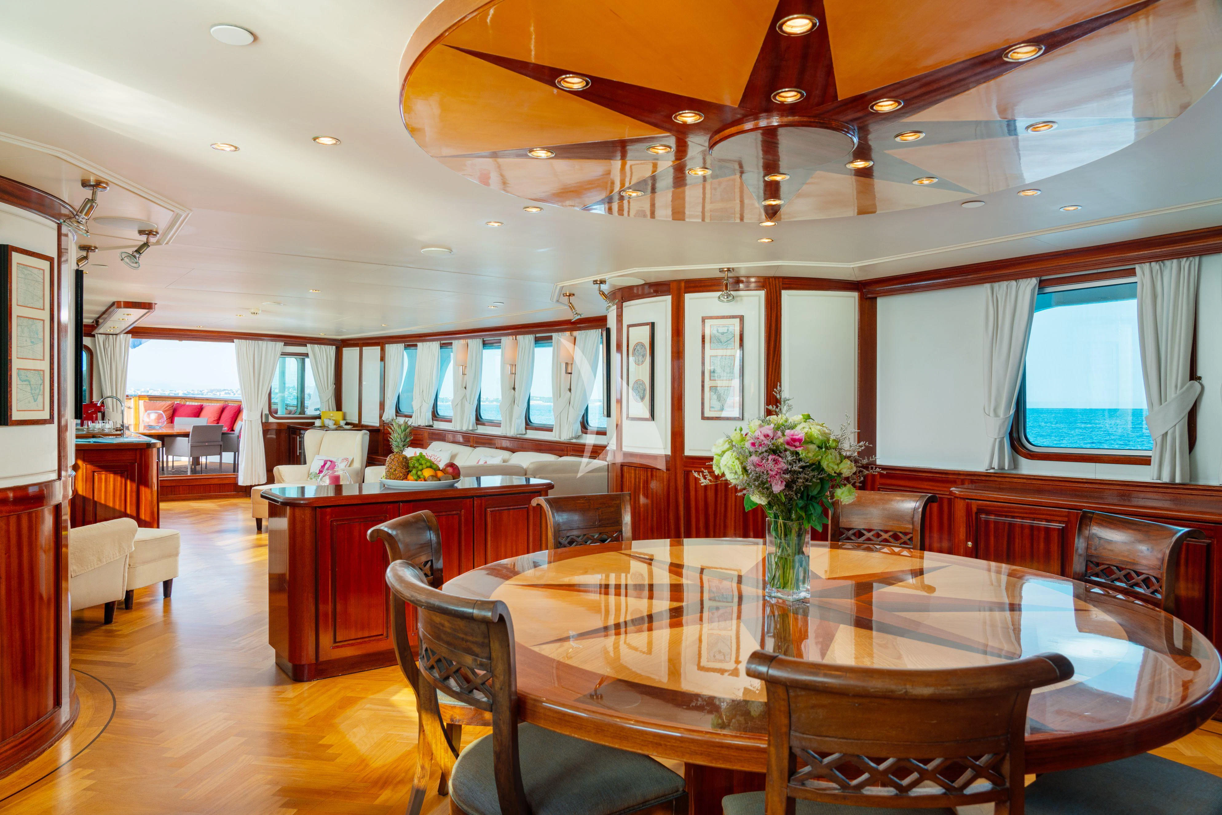 a large room with tables and chairs aboard SEA LION Yacht for Sale