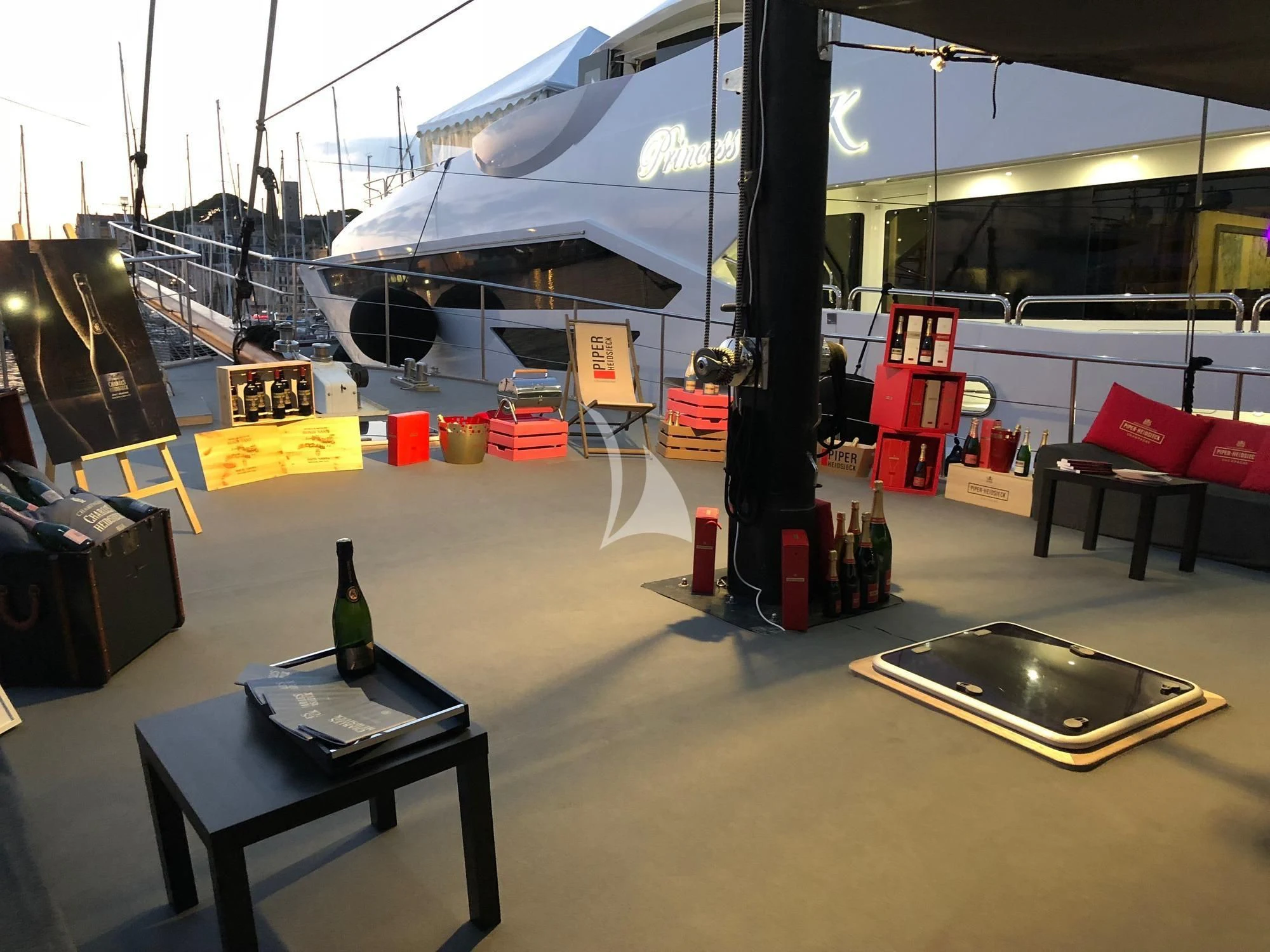 a room with tables and chairs aboard VITA DOLCE Yacht for Sale