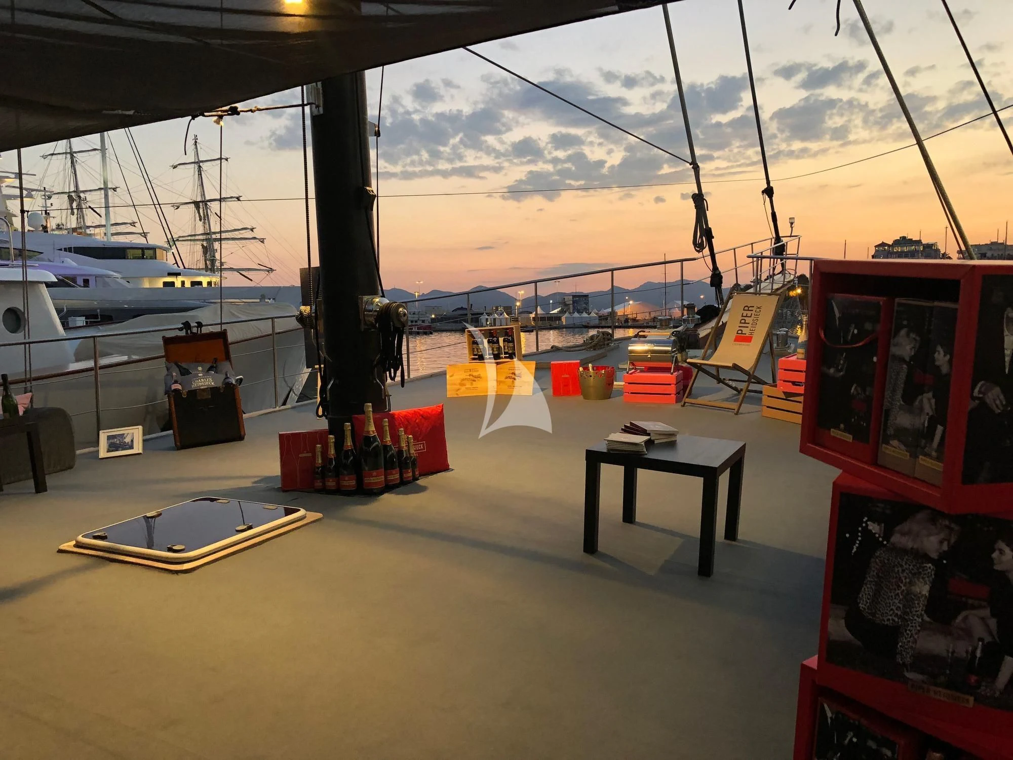 a boat dock with various items aboard VITA DOLCE Yacht for Sale