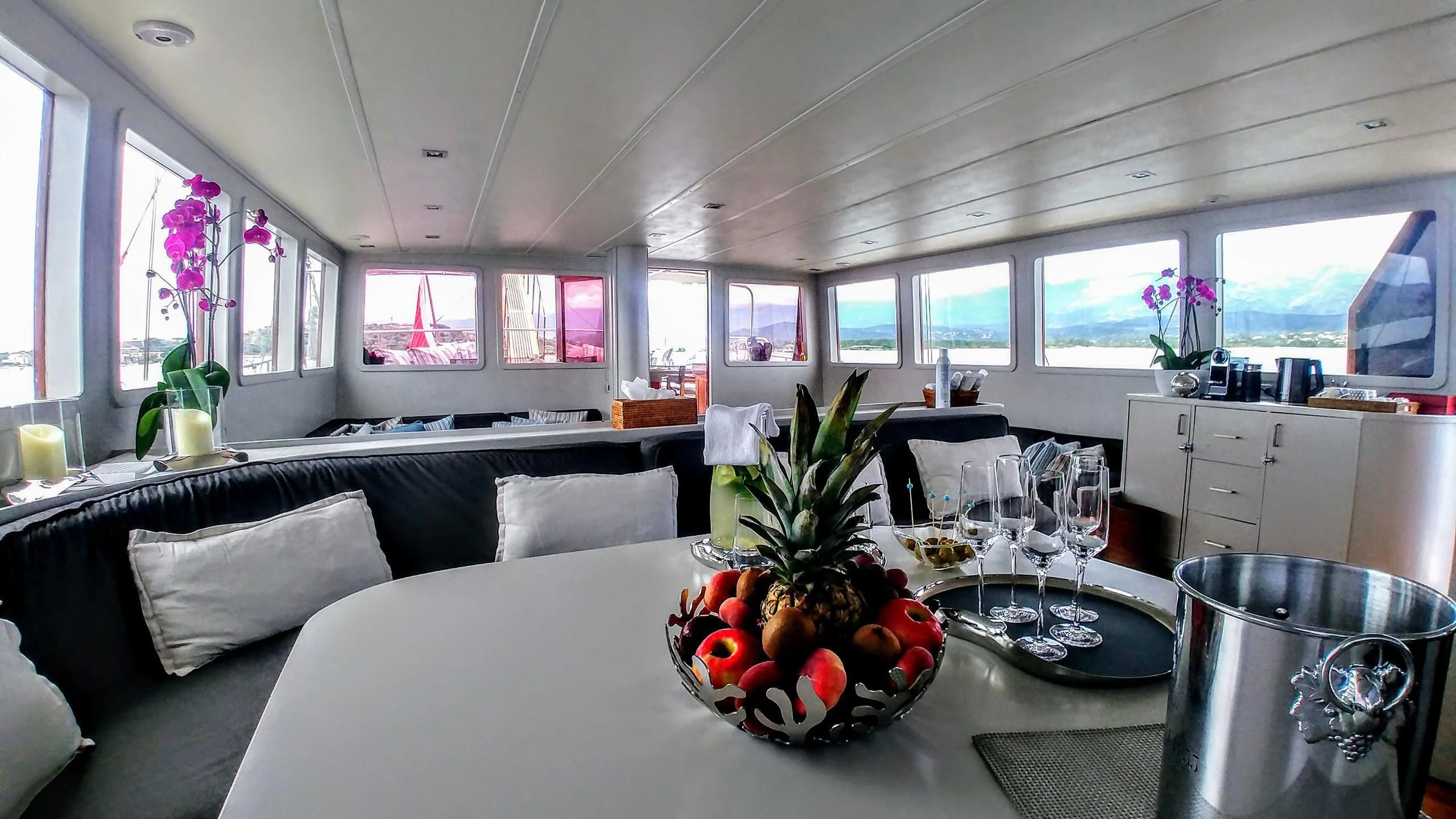 a large living room with a large table and a plant on the table aboard VITA DOLCE Yacht for Sale