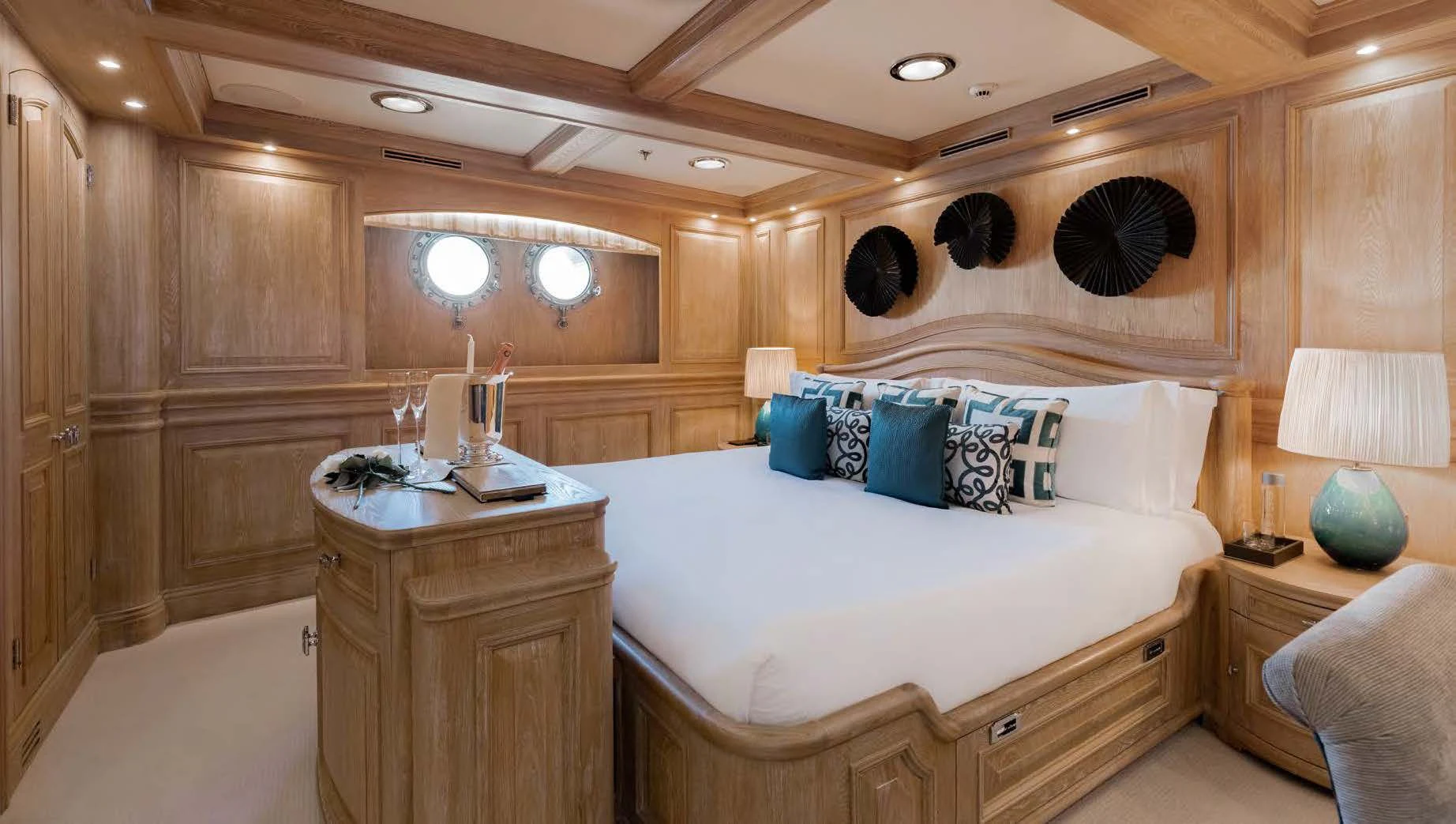 a large bedroom with a large bed aboard NERO Yacht for Sale