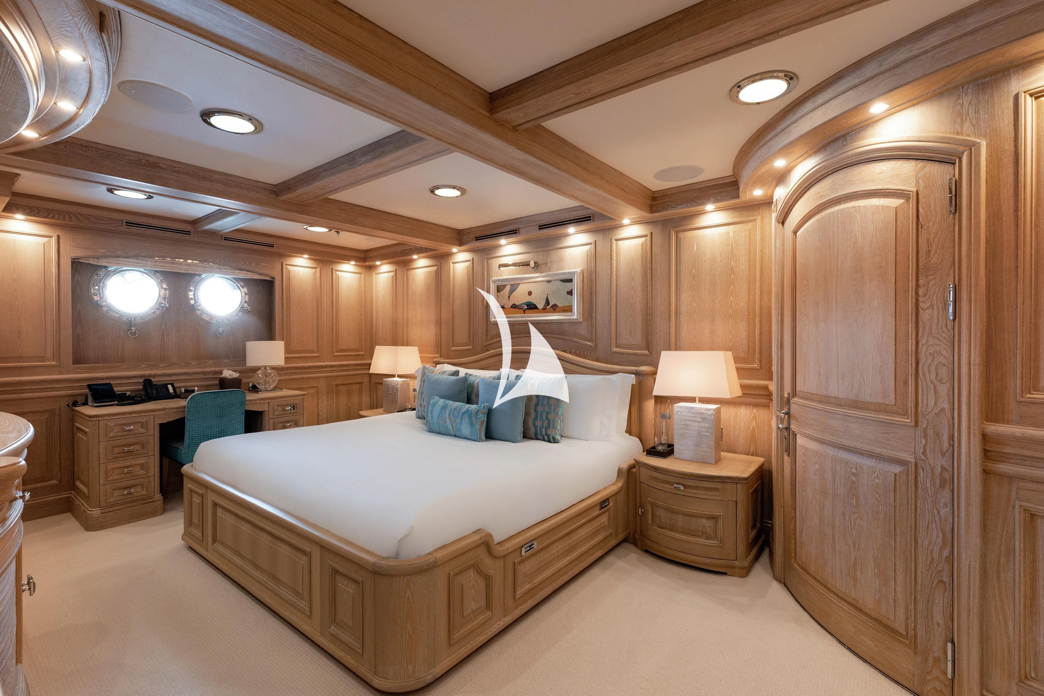 a large bedroom with a large bed aboard NERO Yacht for Sale