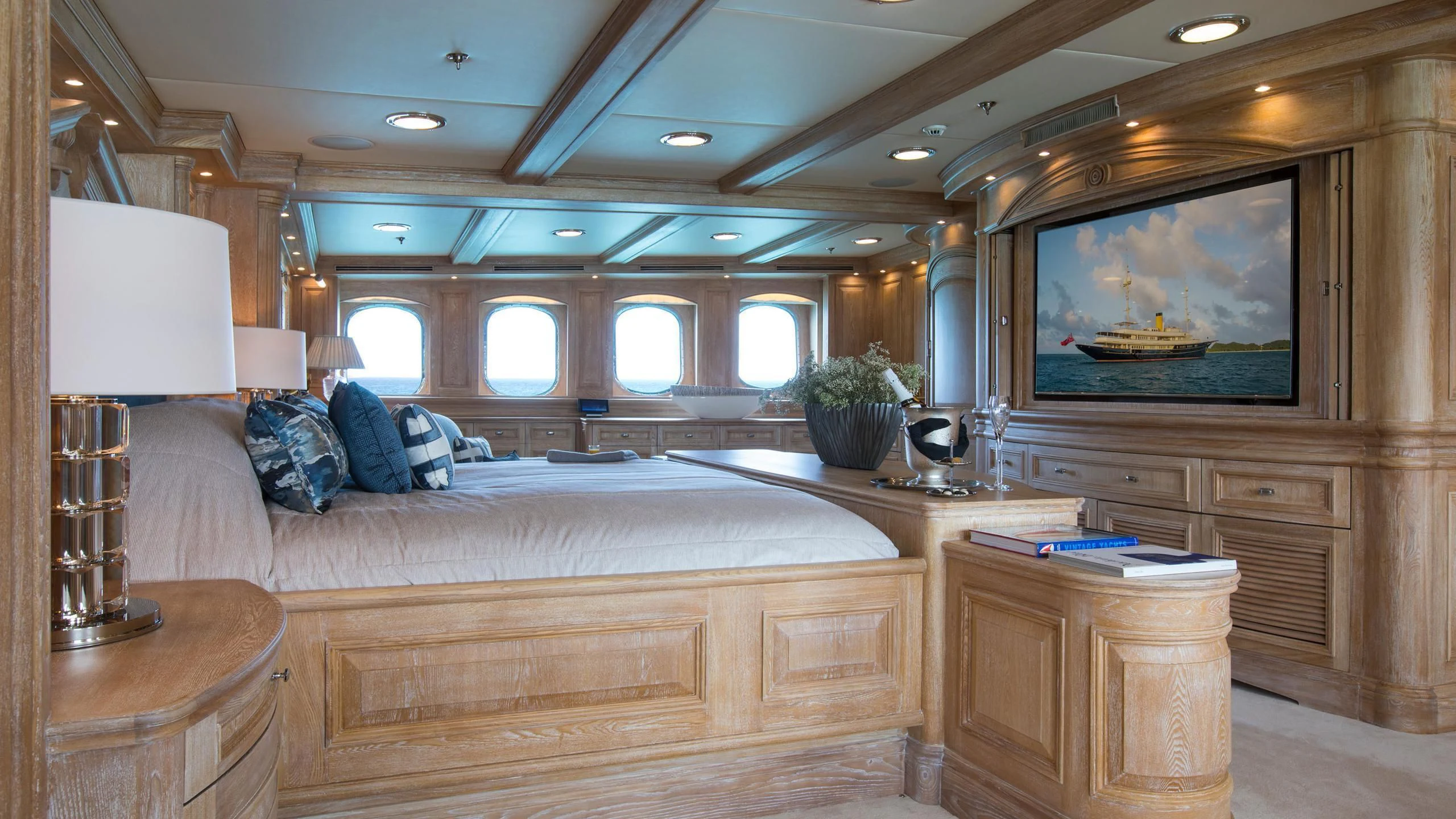 a large living room with a large television aboard NERO Yacht for Sale