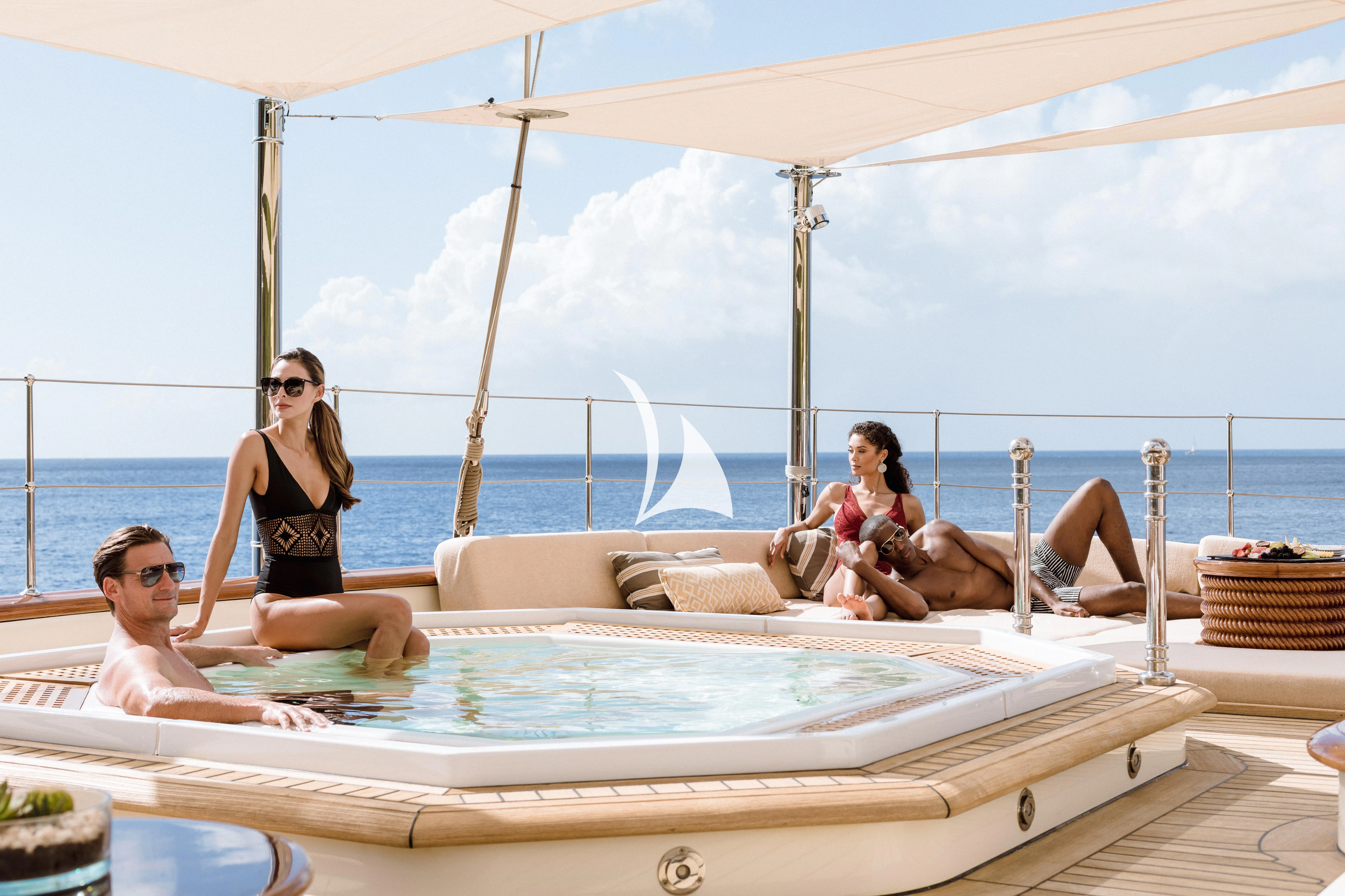 a group of people sitting on a boat aboard NERO Yacht for Sale