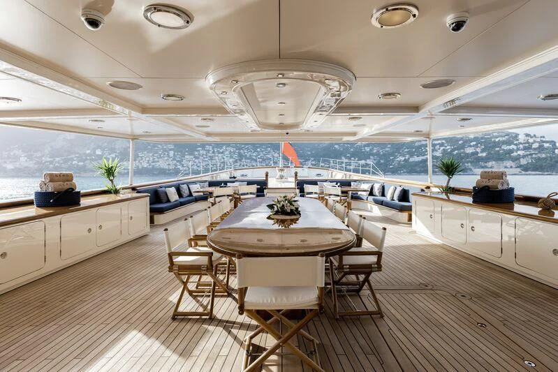 a large room with a table and chairs and a large window aboard NERO Yacht for Sale
