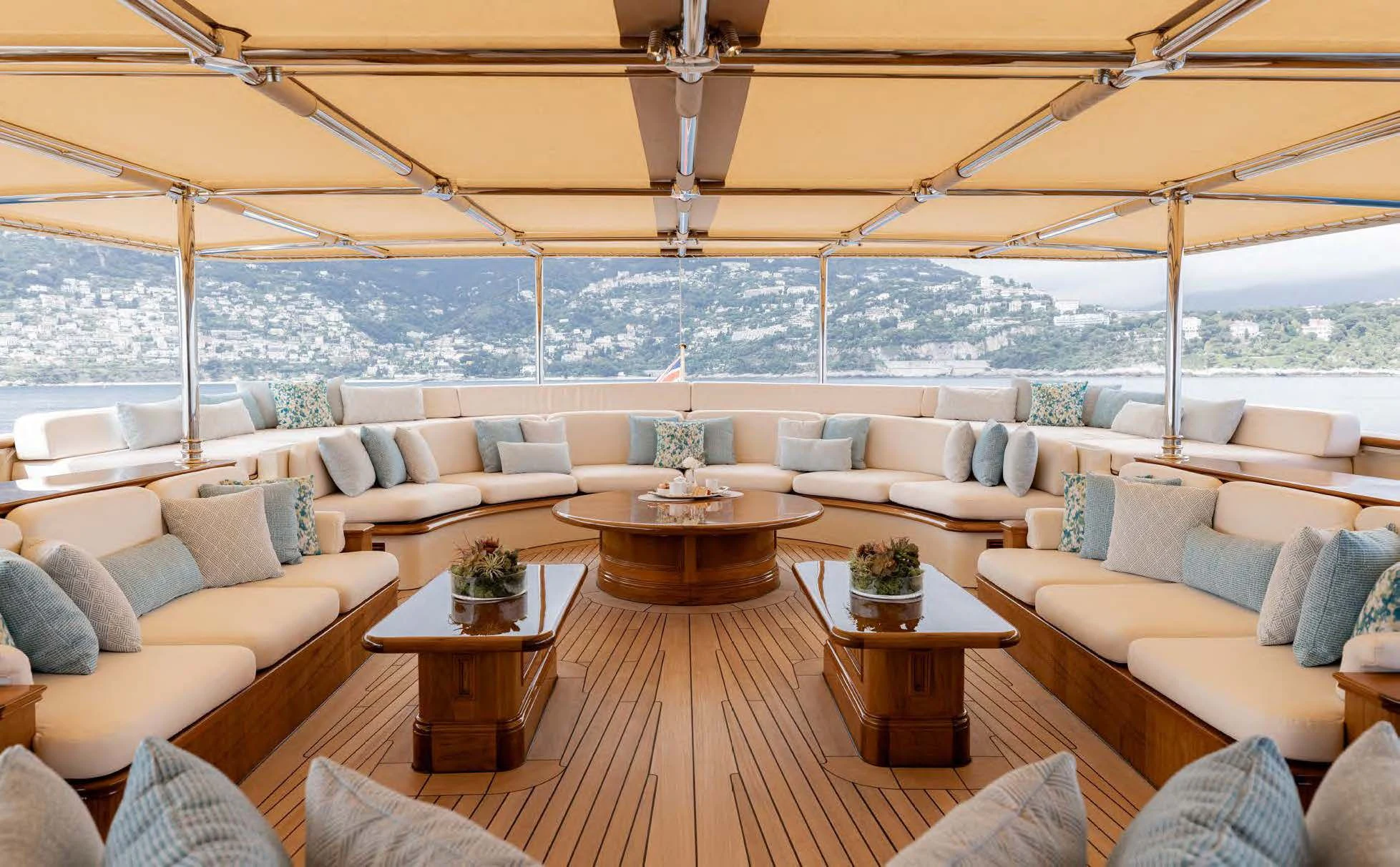 a living room with a large window aboard NERO Yacht for Sale