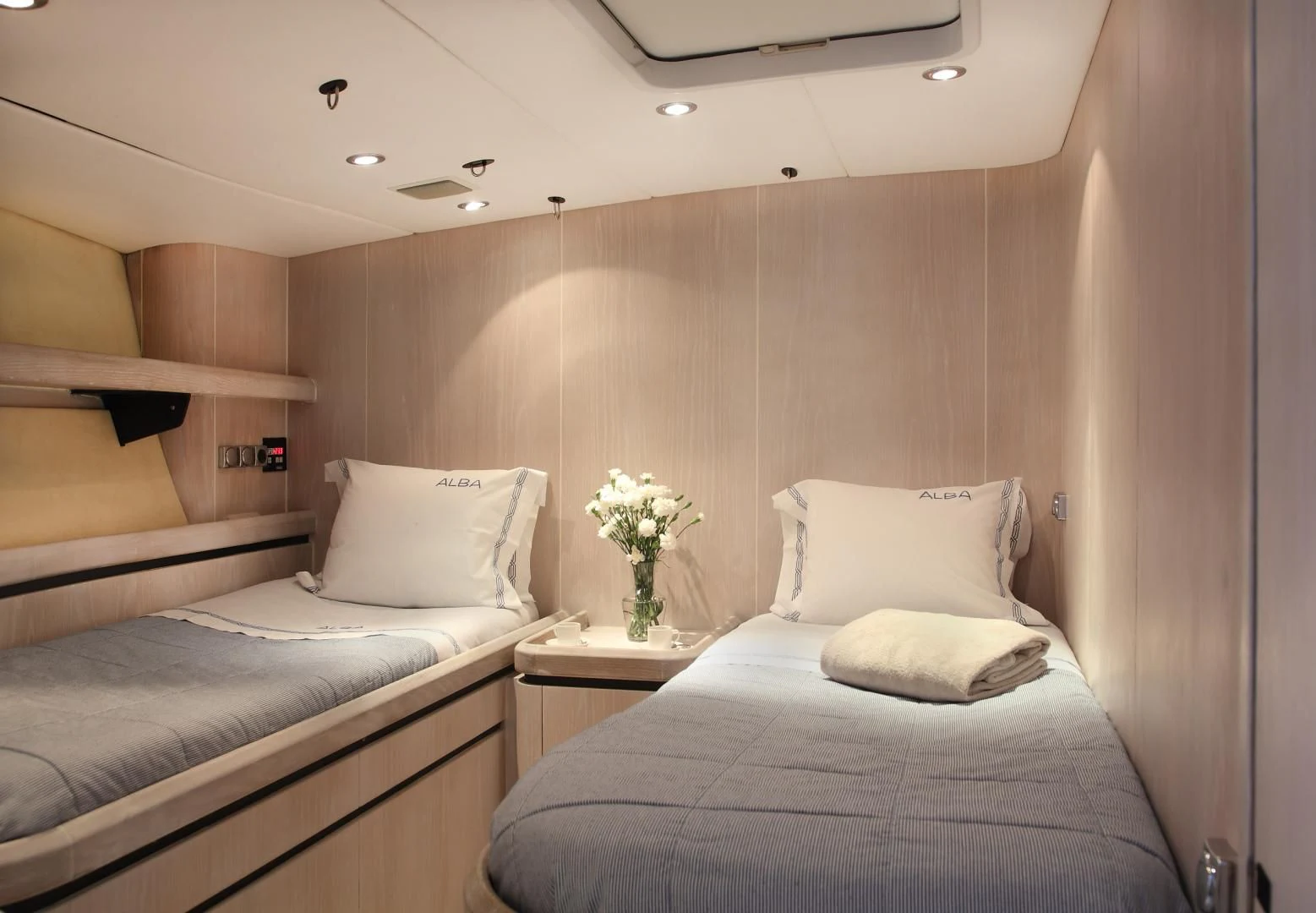 a couple of beds in a hotel room aboard MARIA ALBA II Yacht for Sale