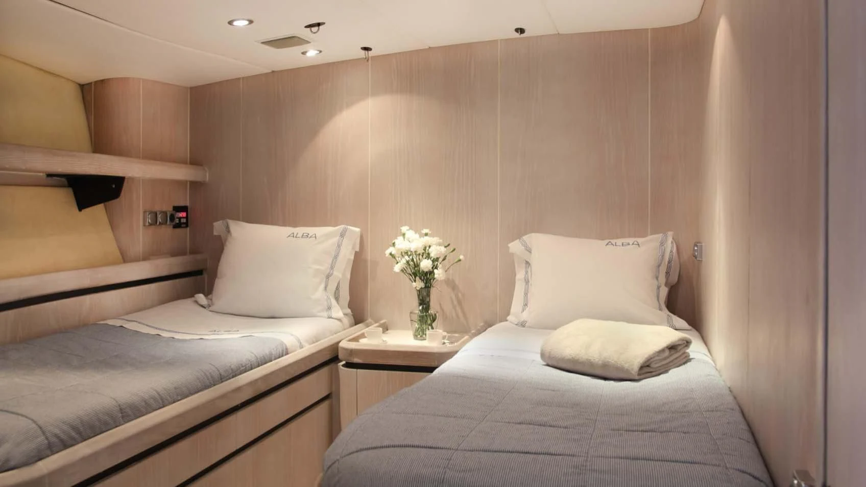 a couple of beds in a hotel room aboard MARIA ALBA II Yacht for Sale