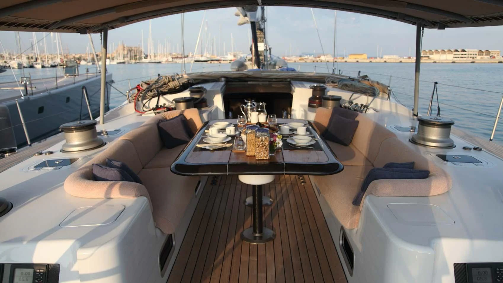a table with a drink on it aboard MARIA ALBA II Yacht for Sale