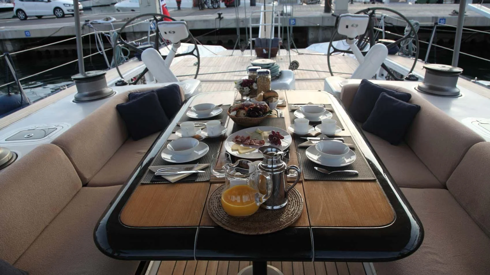 a table with food on it aboard MARIA ALBA II Yacht for Sale