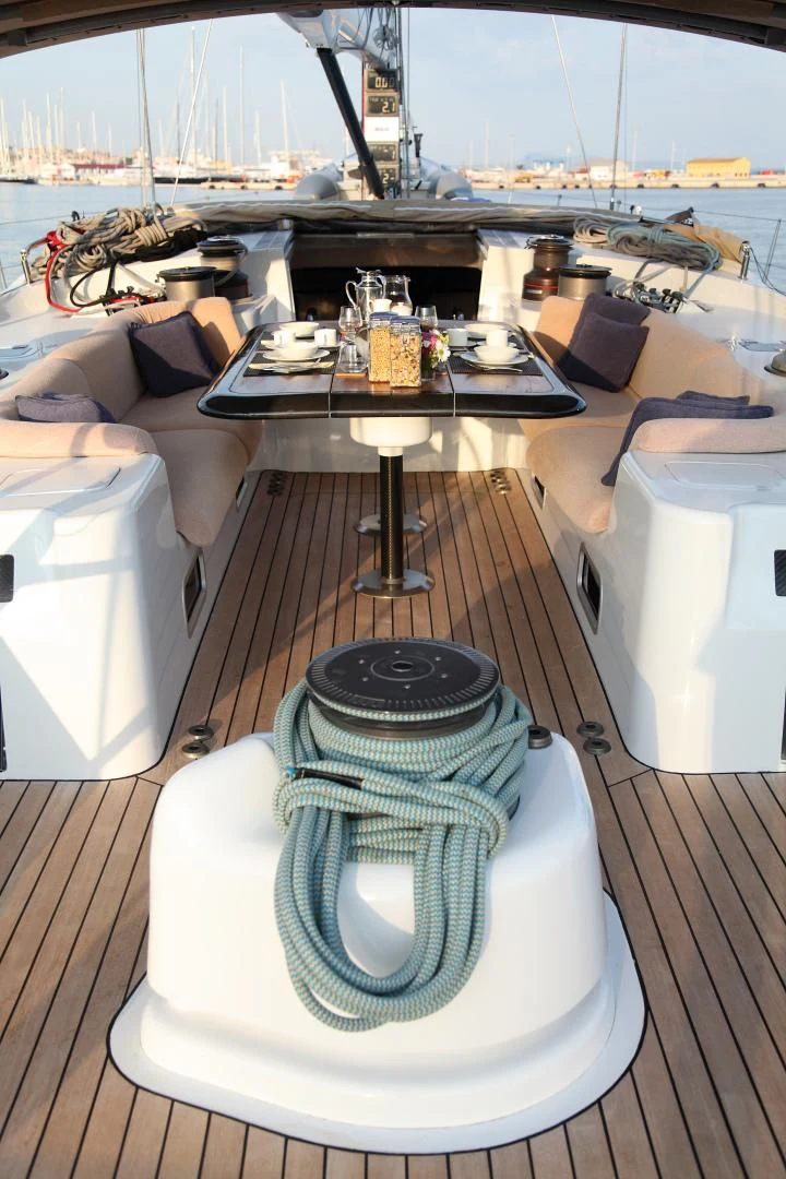 a table with a rug on it aboard MARIA ALBA II Yacht for Sale