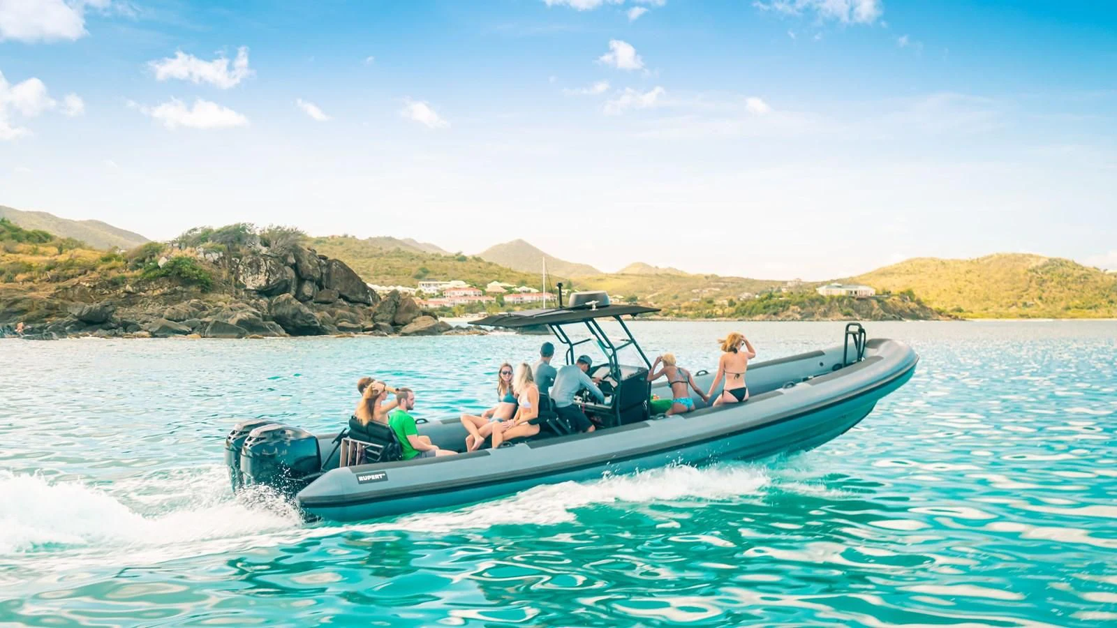a group of people in a boat aboard BAD COMPANY SUPPORT Yacht for Charter