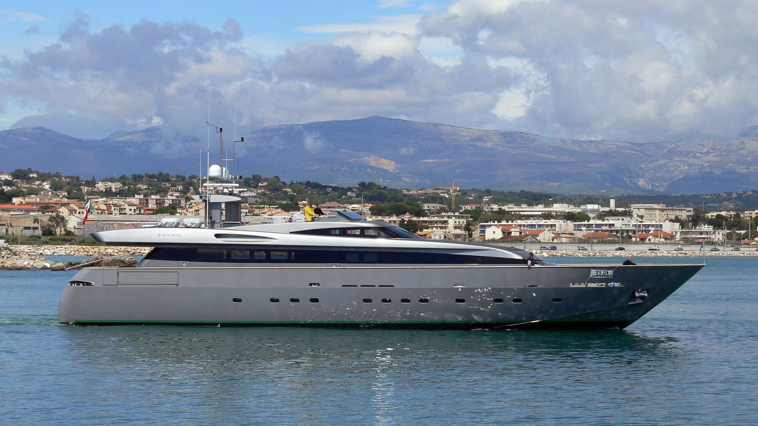 a large ship in the water aboard VELVET Yacht for Sale