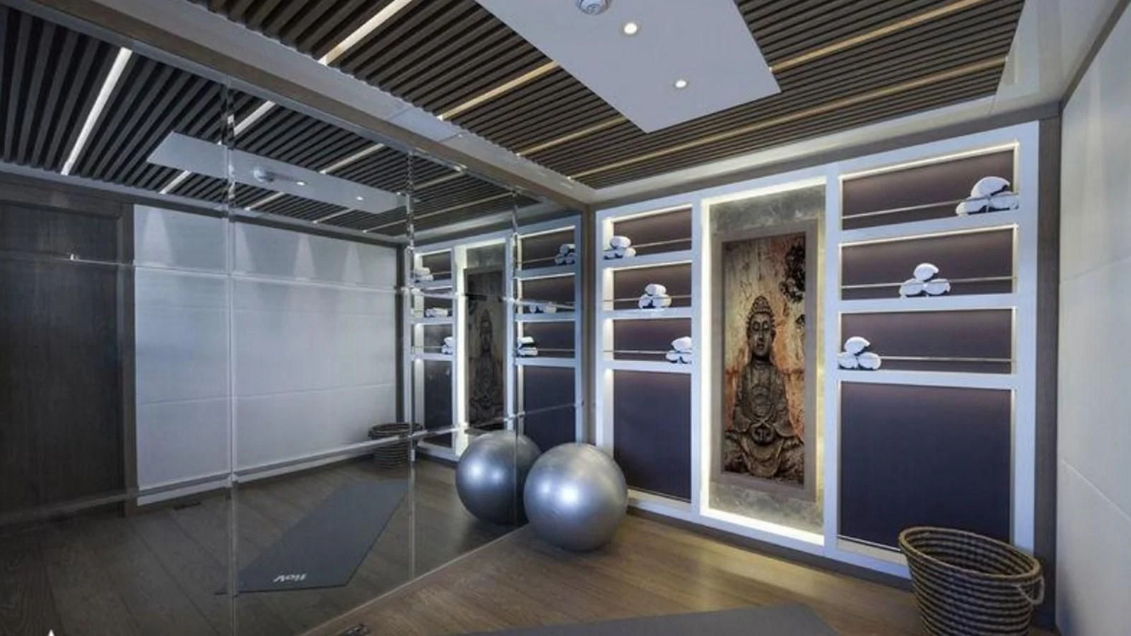 a room with a large mirror and a large ball aboard M 47 Yacht for Sale