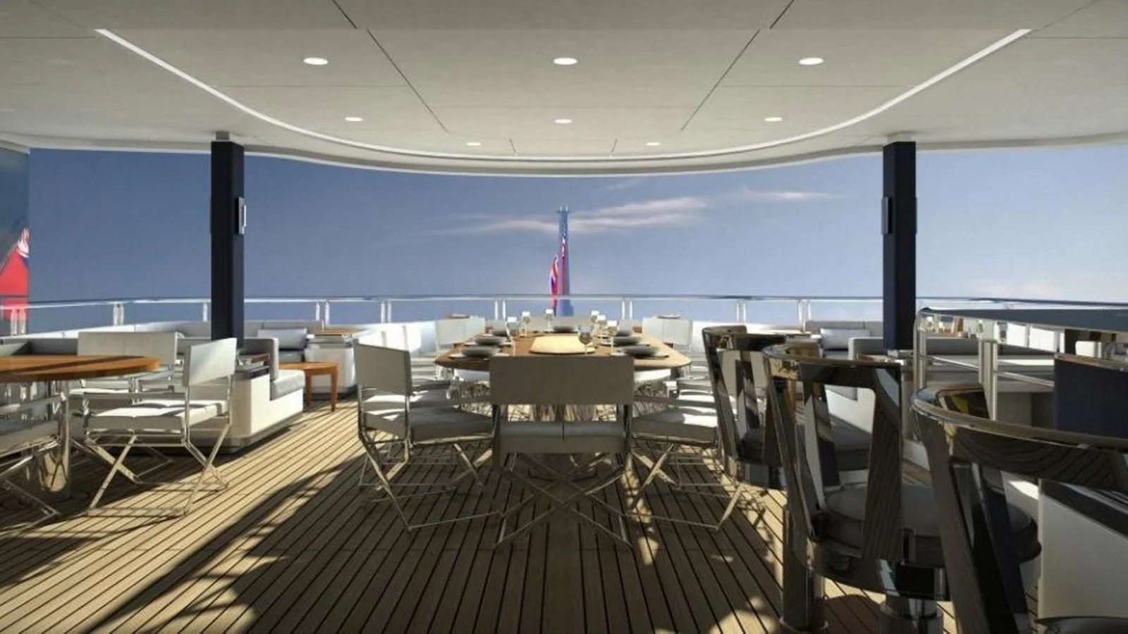 a room with tables and chairs aboard M 47 Yacht for Sale
