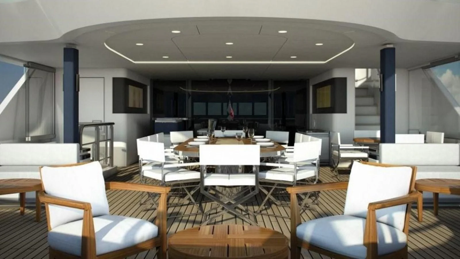 a room with tables and chairs aboard M 47 Yacht for Sale