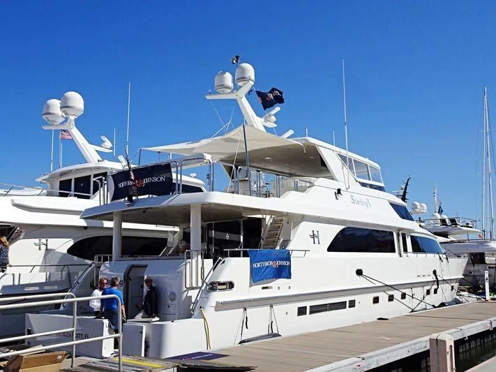 a white yacht with a propeller on the front aboard STERLING V Yacht for Sale