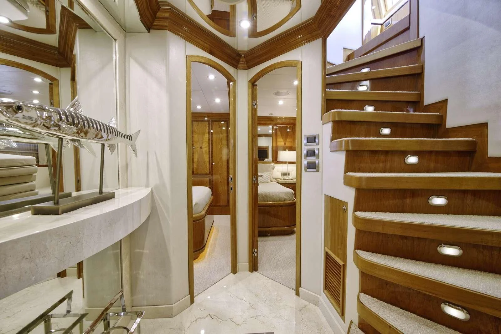 a bathroom with a large mirror aboard STERLING V Yacht for Sale