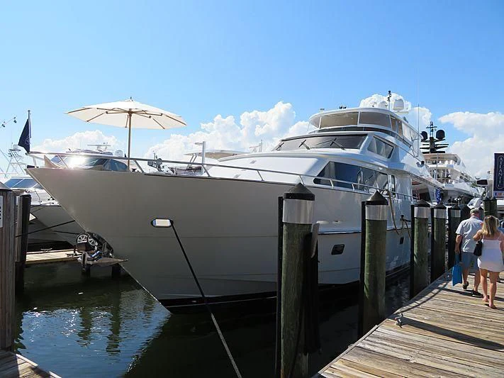 a boat docked at a pier aboard STERLING V Yacht for Sale