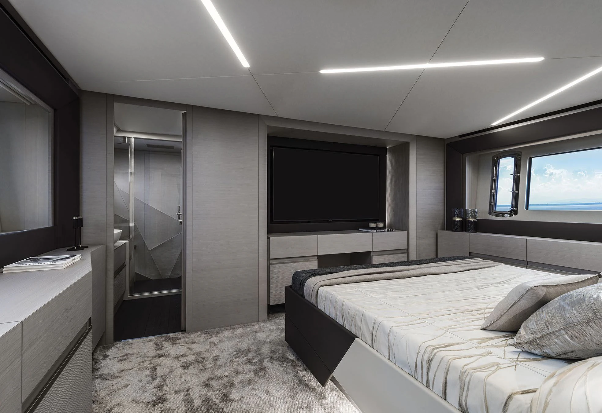 a room with a bed and a tv aboard UNREEL Yacht for Sale