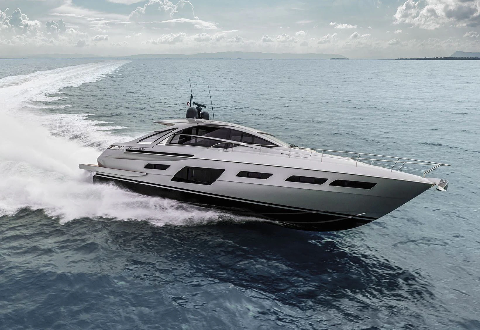 a white yacht in the water aboard UNREEL Yacht for Sale
