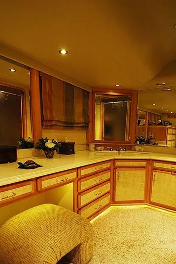 a kitchen with a large window aboard FORTY LOVE Yacht for Charter