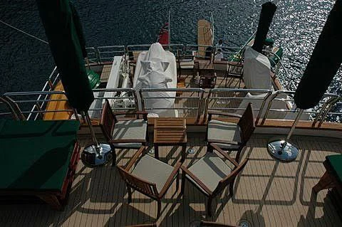 a deck with chairs and umbrellas aboard FORTY LOVE Yacht for Charter