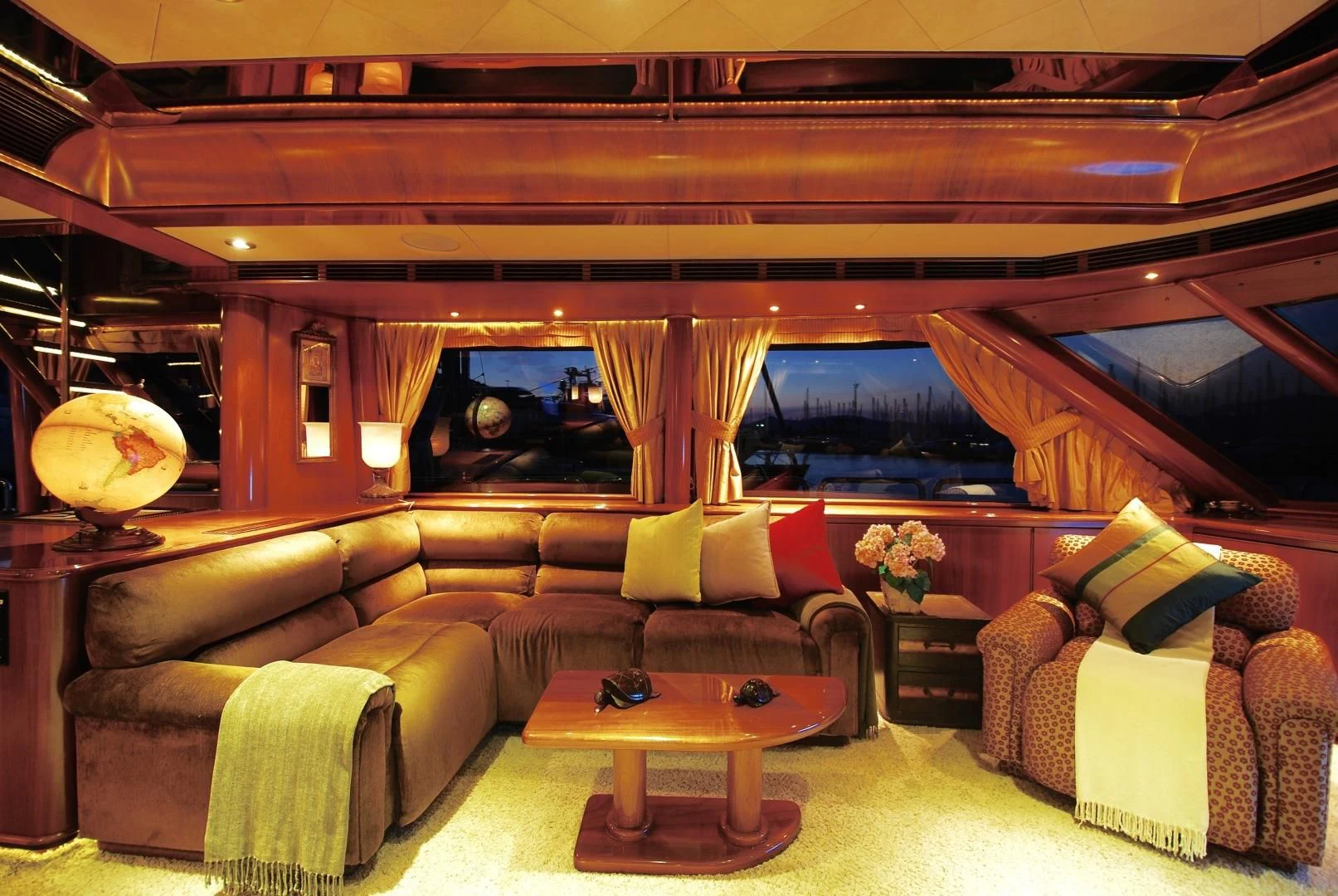 a living room with a large window aboard FORTY LOVE Yacht for Charter