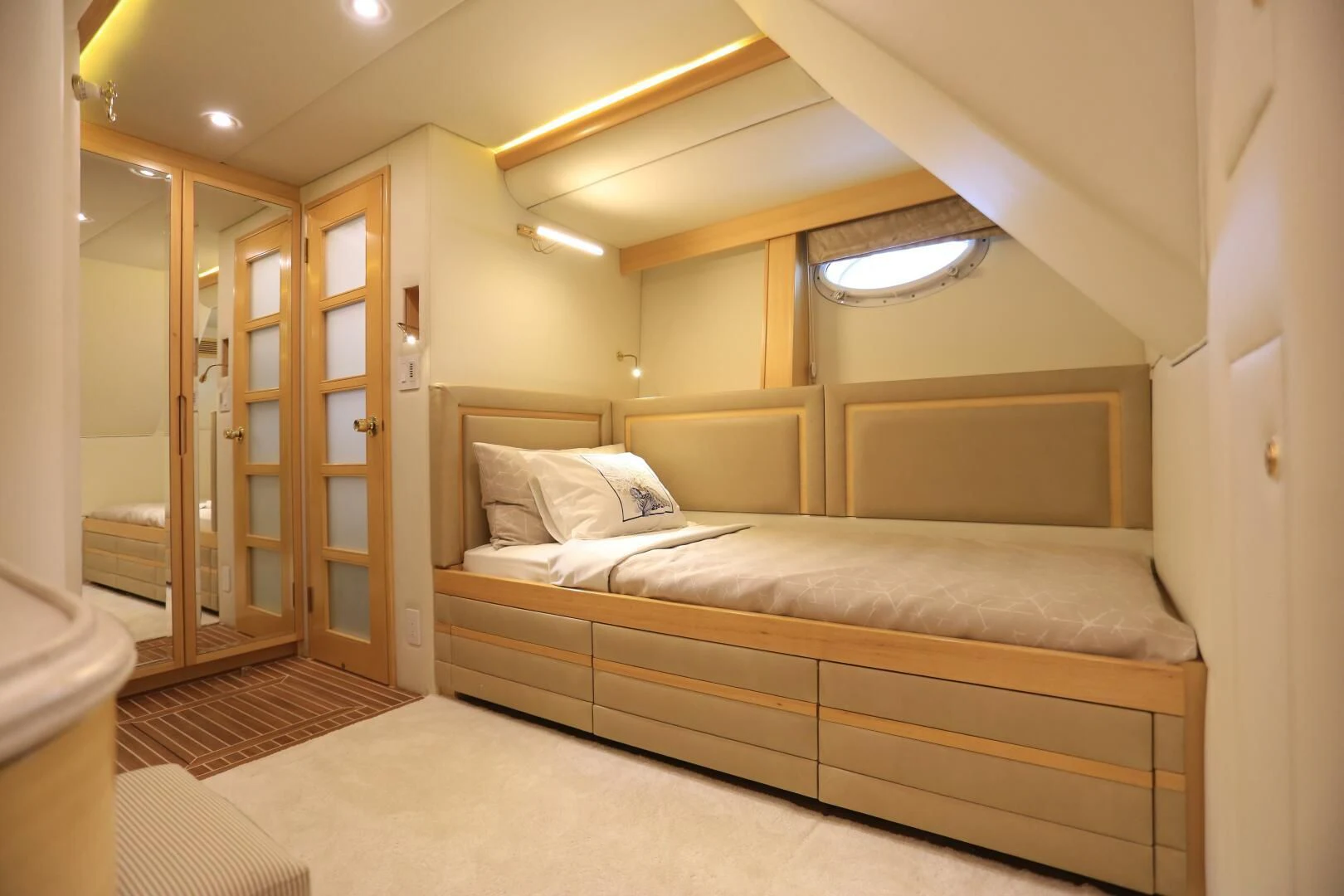 a bed in a room aboard FORTY LOVE Yacht for Charter